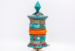 10 Inch Tabletop Tibetan Prayer Wheel Stone Inlay