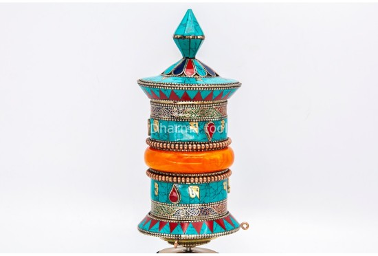 10 Inch Tabletop Tibetan Prayer Wheel Stone Inlay