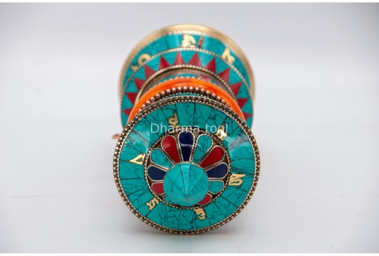 10 Inch Tabletop Tibetan Prayer Wheel Stone Inlay