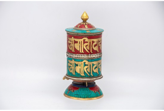 9 Inch Tabletop Tibetan Prayer Wheel Brass Mantra Stone Inlay