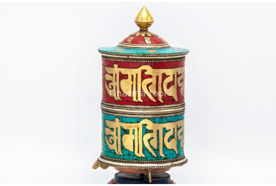 9 Inch Tabletop Tibetan Prayer Wheel Brass Mantra Stone Inlay