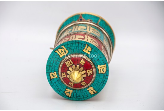 9 Inch Tabletop Tibetan Prayer Wheel Brass Mantra Stone Inlay