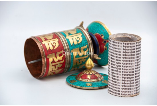 9 Inch Tabletop Tibetan Prayer Wheel Brass Mantra Stone Inlay