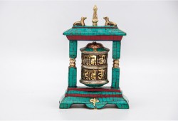 5.5 Inch Table Top Tibetan Prayer Wheel 2 Line Mantra Stone Inlay