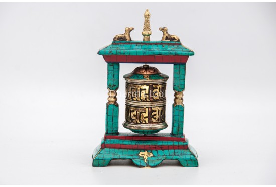 5.5 Inch Table Top Tibetan Prayer Wheel 2 Line Mantra Stone Inlay