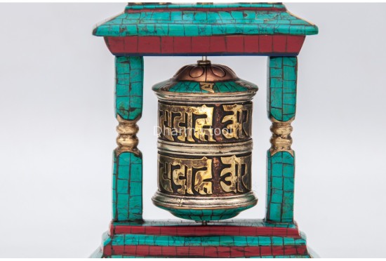 5.5 Inch Table Top Tibetan Prayer Wheel 2 Line Mantra Stone Inlay