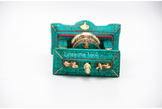 5.5 Inch Table Top Tibetan Prayer Wheel 2 Line Mantra Stone Inlay