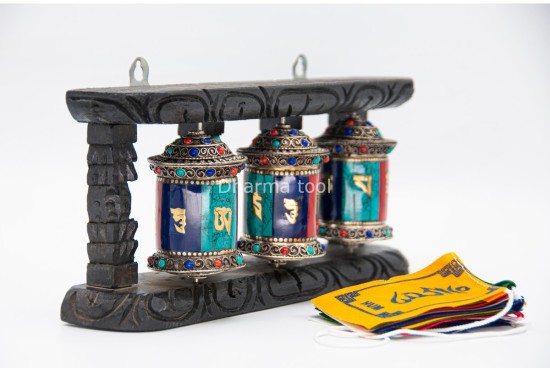 3 in 1 Tabletop Wall Hanging Tibetan Prayer Wheel with Stones Handmade in Nepal
