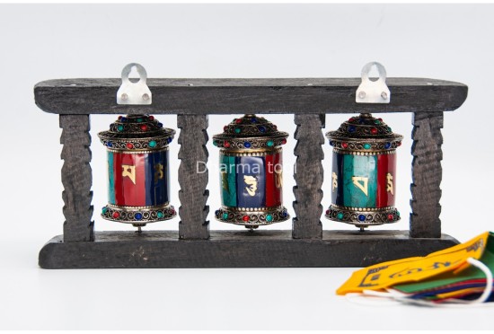 3 in 1 Tabletop Wall Hanging Tibetan Prayer Wheel with Stones Handmade in Nepal