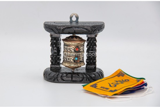 Small Wall Hanging Tibetan Prayer Wheel with Wooden Frame