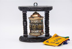 5 inches Tall 8 Lucky Symbol Tibetan Prayer Wheel with Wooden Frame