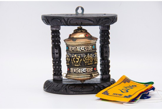 5 inches Tall 8 Lucky Symbol Tibetan Prayer Wheel with Wooden Frame