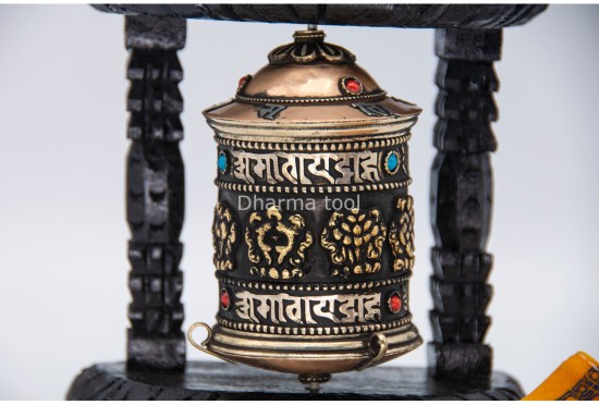 5 inches Tall 8 Lucky Symbol Tibetan Prayer Wheel with Wooden Frame
