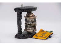 5 inches Tall 8 Lucky Symbol Tibetan Prayer Wheel with Wooden Frame