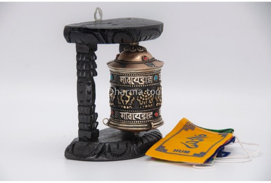 5 inches Tall 8 Lucky Symbol Tibetan Prayer Wheel with Wooden Frame
