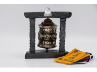 5 inches Tall 8 Lucky Symbol Tibetan Prayer Wheel with Wooden Frame
