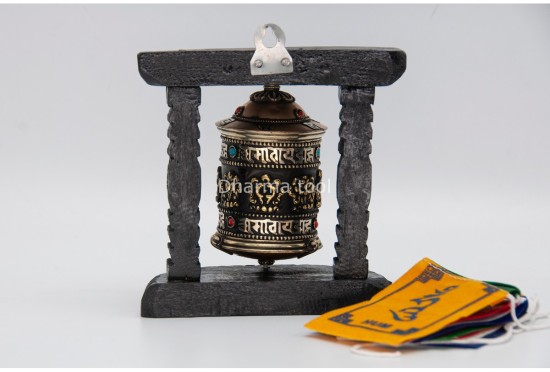 5 inches Tall 8 Lucky Symbol Tibetan Prayer Wheel with Wooden Frame