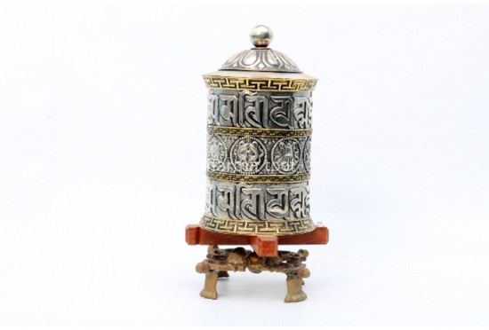 14 Inch Tabletop Tibetan Prayer Wheel Austamangal Symbol