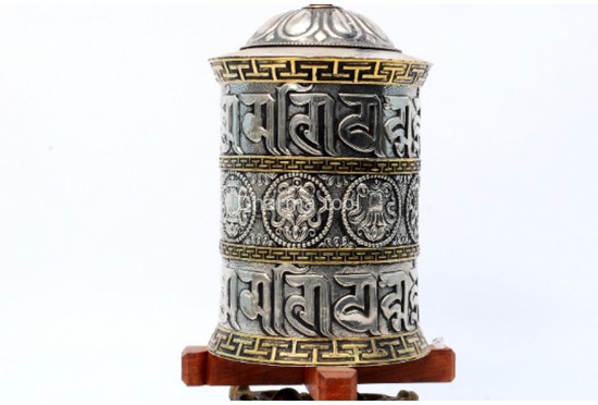 14 Inch Tabletop Tibetan Prayer Wheel Austamangal Symbol
