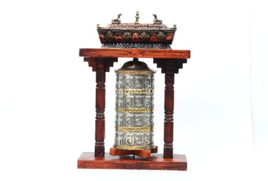 15-Inch Pagoda-Style Tibetan Prayer Wheel with Incense Burner