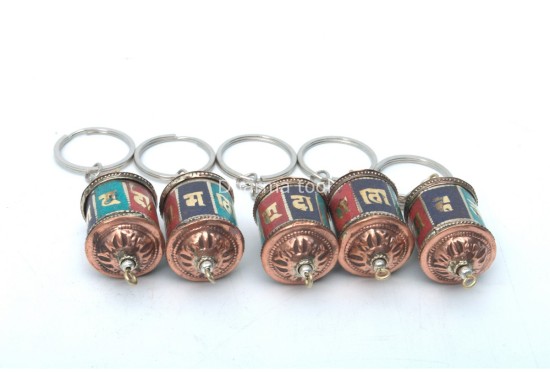 Stone Inlaid Tibetan Prayer Wheel Key Ring Set of 5