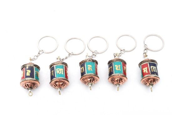 Stone Inlaid Tibetan Prayer Wheel Key Ring Set of 5