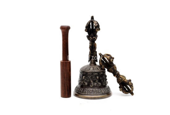 Tibetan Bell and Dorje Set with 5 Buddha Embossed Design – Antique Finish