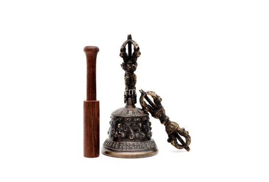 Tibetan Bell and Dorje Set with 5 Buddha Embossed Design – Antique Finish