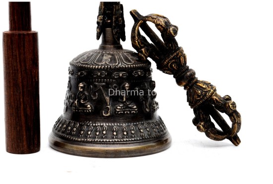Tibetan Bell and Dorje Set with 5 Buddha Embossed Design – Antique Finish