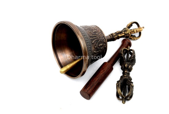 6 Inch Antique Finish- Handmade Tibetan Bronze Bell and Dorje Set