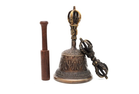 6 Inch Antique Finish- Handmade Tibetan Bronze Bell and Dorje Set