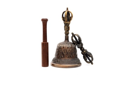 6 Inch Antique Finish- Handmade Tibetan Bronze Bell and Dorje Set