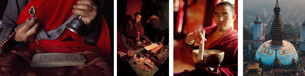 Buddhist monk performing traditional blessing ceremony on Tibetan singing bowls and Dharma Tools in Kathmandu, Nepal — Dharma Tool