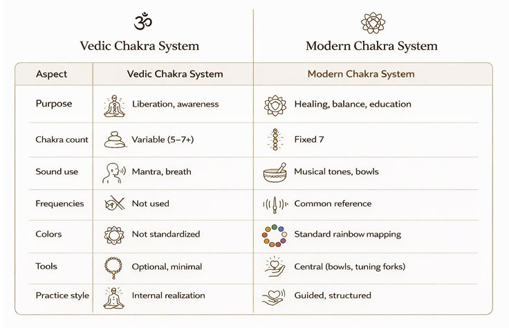Vedic Chakra System vs Modern Chakra System comparison diagram