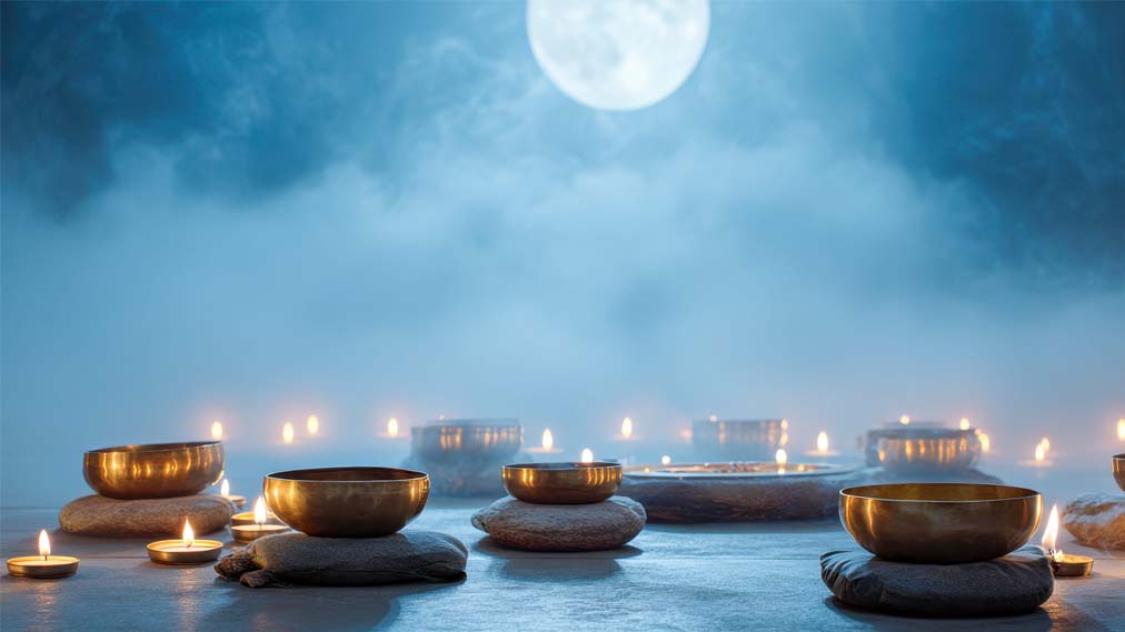 Charging a handmade Tibetan singing bowl under the full moon for lunar sound healing ritual