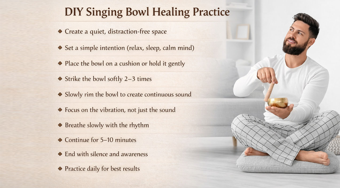 DIY singing bowl healing practice at home with a handmade Himalayan Tibetan singing bowl