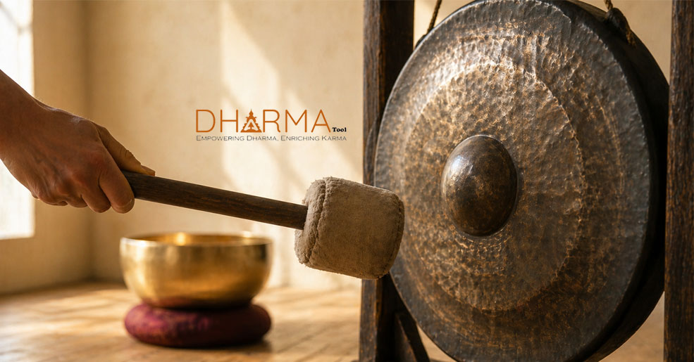 Tibetan gong and singing bowl used together in a sound healing session — handmade in Kathmandu, Nepal by Dharma Tool