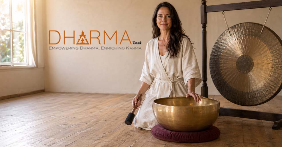 Professional sound healer playing a Tibetan singing bowl during a sound healing session — Dharma Tool, Kathmandu Nepal