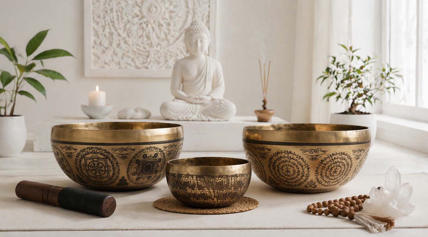 Mantra carved Tibetan singing bowls by Dharma Tool