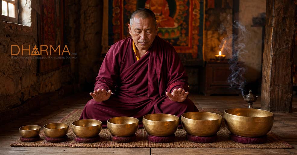 Buddhist monk blessing a Tibetan singing bowl set with sacred mantras and incense — traditional Himalayan blessing ceremony in Nepal by Dharma Tool