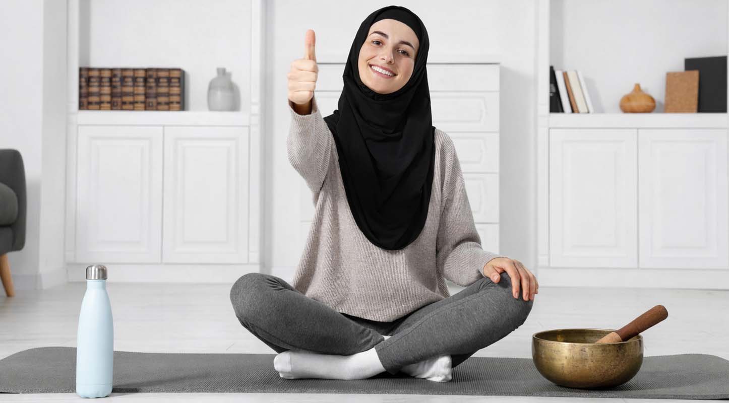Muslim Lady with Singing Bowl Yoga Muslim woman with handmade Tibetan singing bowl during yoga and peaceful meditation practice