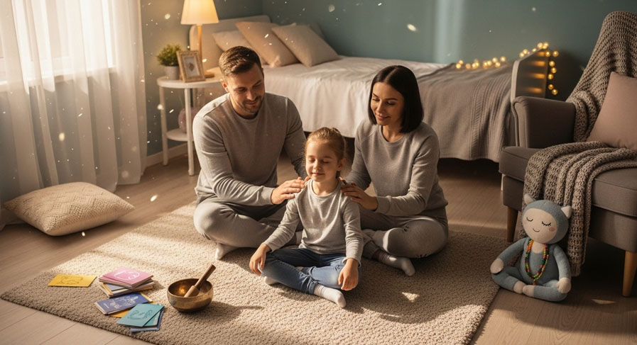 Parents and child practicing mindfulness with a Tibetan singing bowl at home