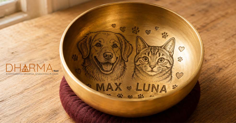 Personalised custom singing bowl with laser engraving — design your own sacred instrument from Nepal with Dharma Tool