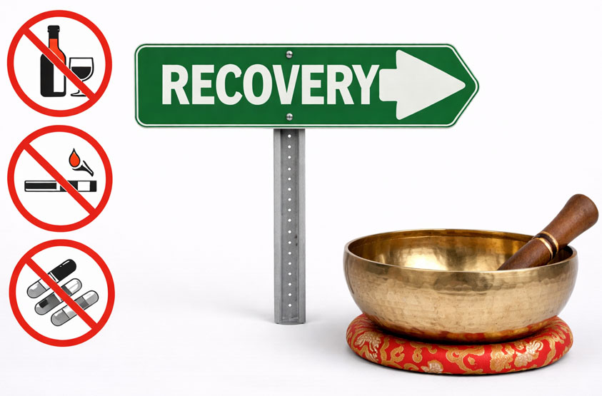 Recovery with Singing Bowl Recovery with Singing Bowl - Alcohol, smoking, and drugs recovery concept with handmade Tibetan singing bowl