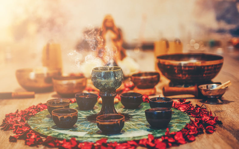 Sacred geometry singing bowl setup for meditation rituals and spiritual sound healing