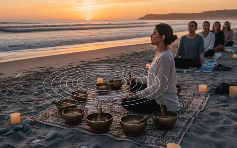 Handmade Tibetan singing bowl healing practice on the beach for outdoor meditation and sound healing