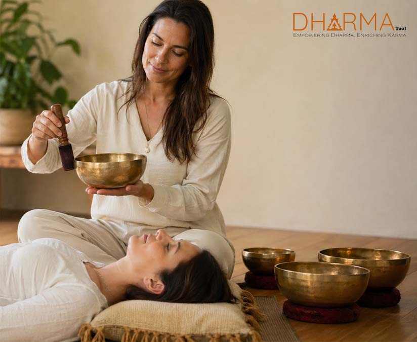 Sound healing session using Tibetan singing bowl for relaxation and meditation