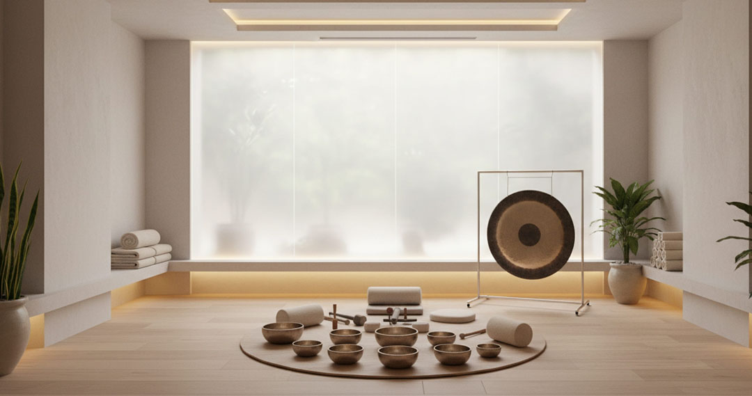Singing bowl and gong meditation setup