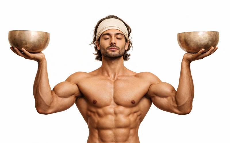 Muscular man holding Tibetan singing bowls during a gym and mindfulness practice on white background