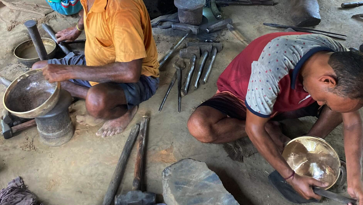 Smoothing and shaping process of handmade Tibetan and Himalayan singing bowl refining surface and structure